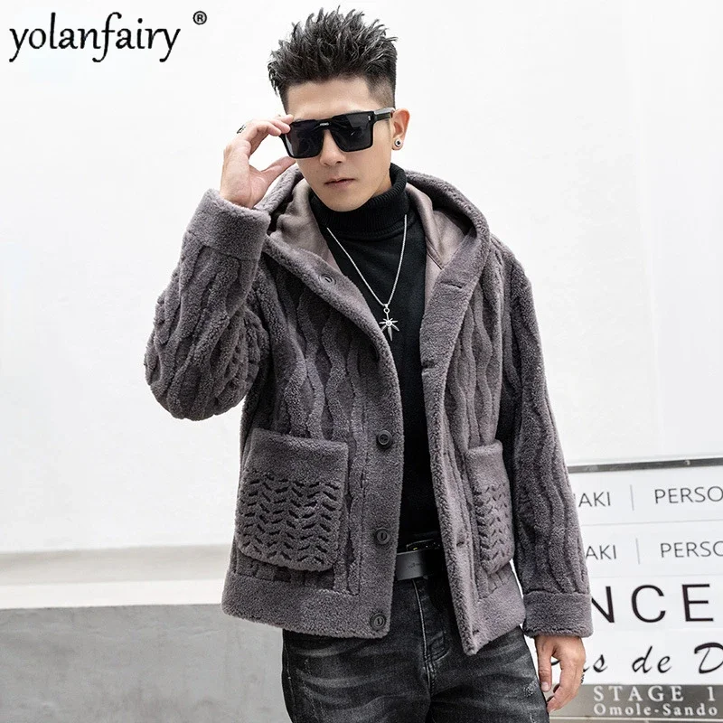 Sheep Fleece Coat Men's Hooded Short Jacket Men Clothing Male Winter Lamb Fur Coats Double Sided Composite Fur Integrated Top FC