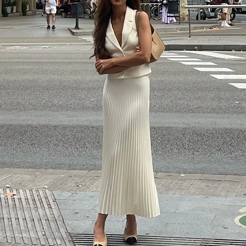 

New in Matching Pleated Skirt Suit For Women's Elegant Slim Sleeveless Long Dress Fashion Two Pieces Set Plus Size Outfit Sets