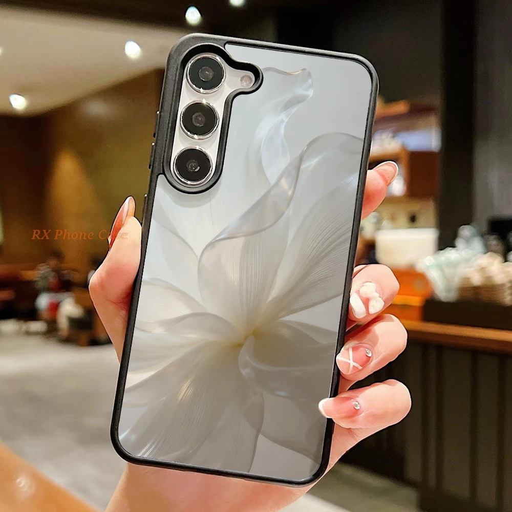 Luxury Silky White Petal Phone Case For Samsung S26 Ultra S25 Ultra A56 A57 S24 FE A37 A18 A36 A08 Acrylic With Wrist Lanyard