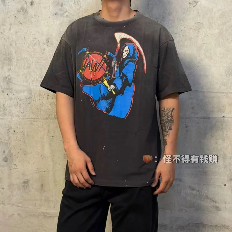 Authentic SAINT Death Note Washed Tee Washed Seamless Side Seams Patchwork Black Short-Sleeve T-Shirt