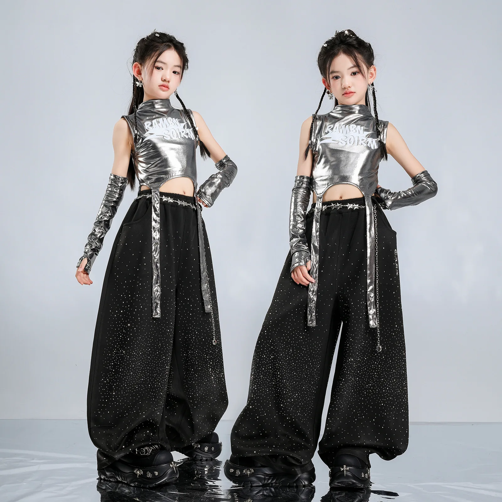 

Girls Kpop Sequin Shiny Crop Vest Loose Diamond Pants Child Street Dance Joggers Kids Hip Hop Streetwear Jazz Girl Group Clothes