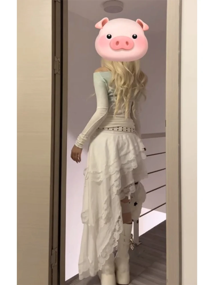 Witte asymmetrische zoom midi rok dames zomer zoete kanten rand taart rok hoge taille a-lijn rok woon-werkverkeer sle