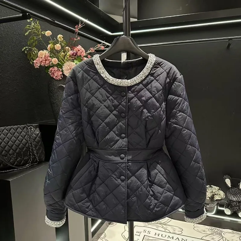 

Women's clothing Winter New arrivals Patchwork Sequins Round neck Cotton coat Charming Diamond pattern Fitted waist Slimming
