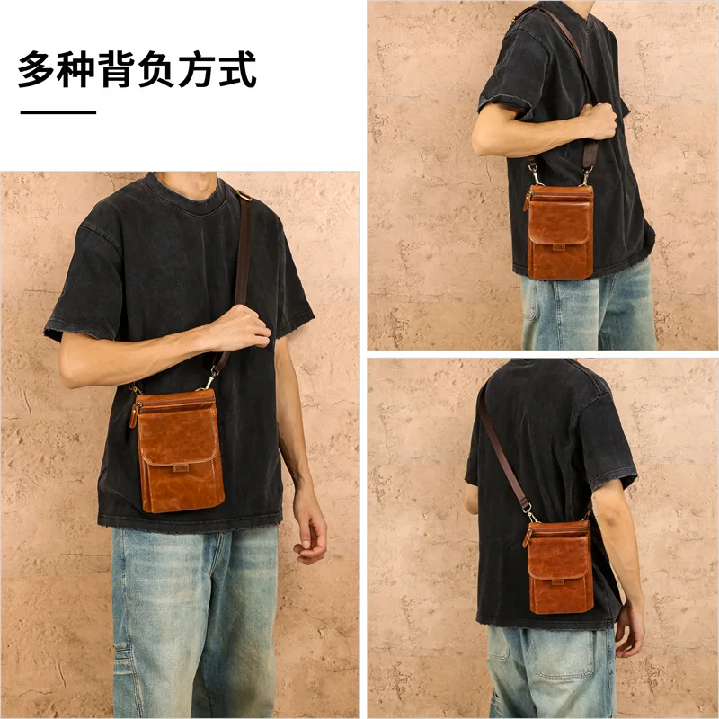

Square hand-held, square single-shoulder bag, commuter men's travel crossbody backpack, genuine leather mobile phone case