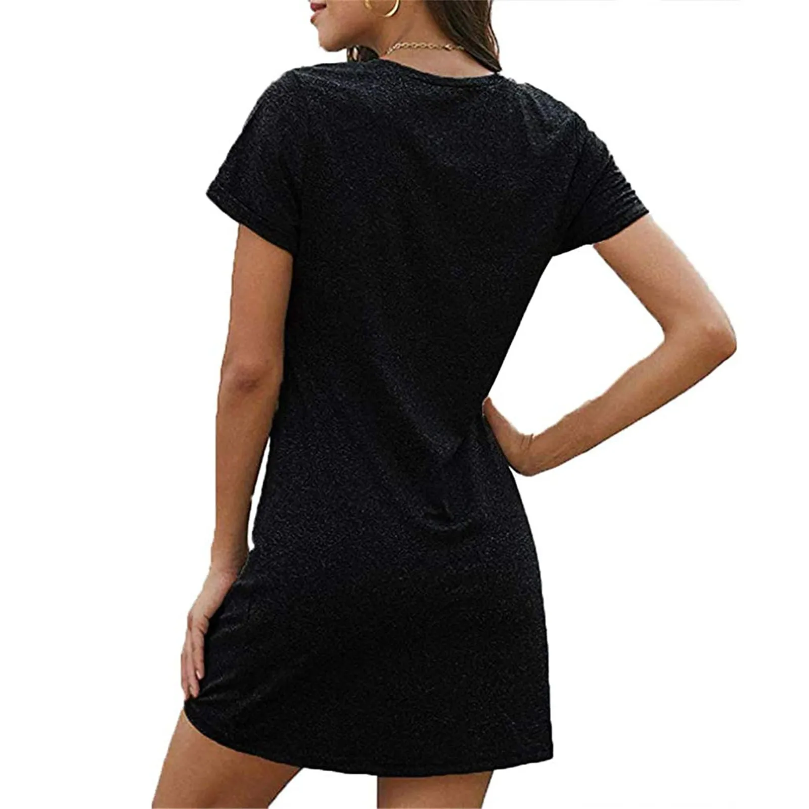 Summer Women\'s Tshirt Dresses Fashion Solid Color Tie The Knot V-Neck Short Sleeves Leisure Beach Dress