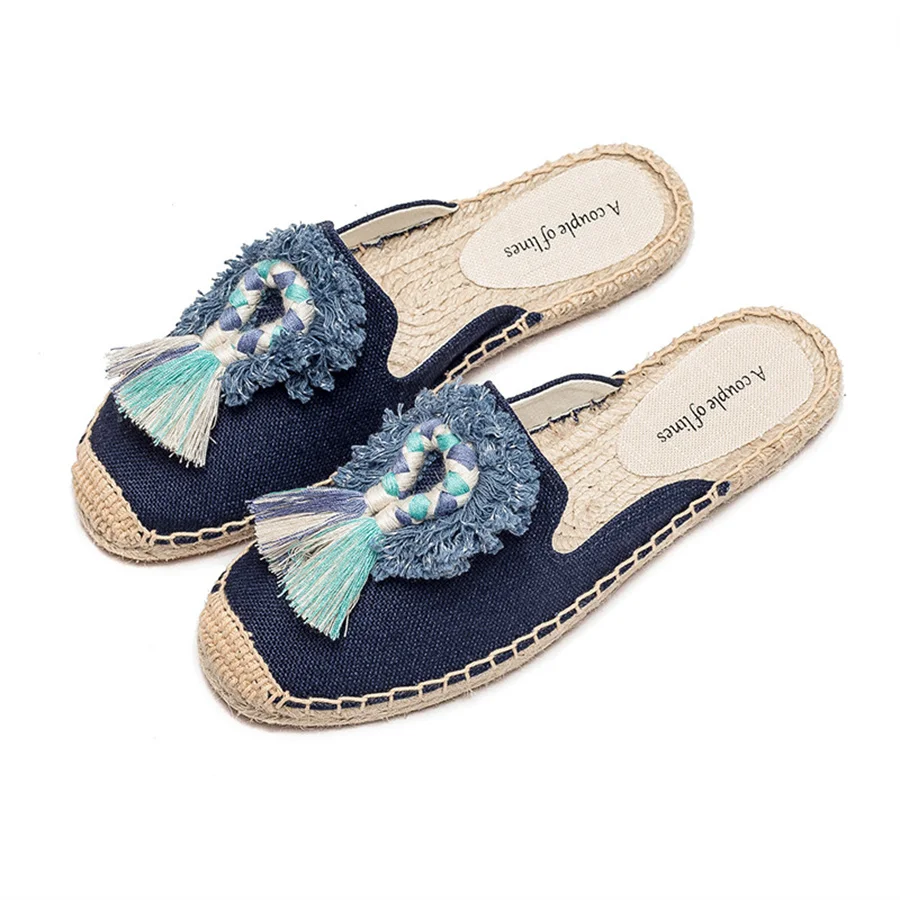 

Женские модные эспадрильи-мюли с кисточками и пушистыми шариками, ретро-туфли на плоской подошве из конопли, женские уличные весенние сандалии