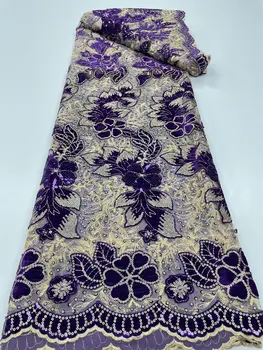 Vysoce kvalitní africká nigerijská krajková látka na šití, sametová, flitry, vyšívaná šňůrka, gipurová, svatební šaty, 5 yardů QF129 10 nejlepší prodej tradiční nigerijská svatební látka - №9