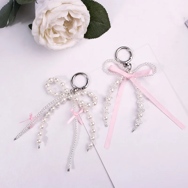 Fashion Butterfly Knot Keyrings Bowknot Keychain Pearls Beaded Bow Bag Charm Decoration Jewelry Gifts