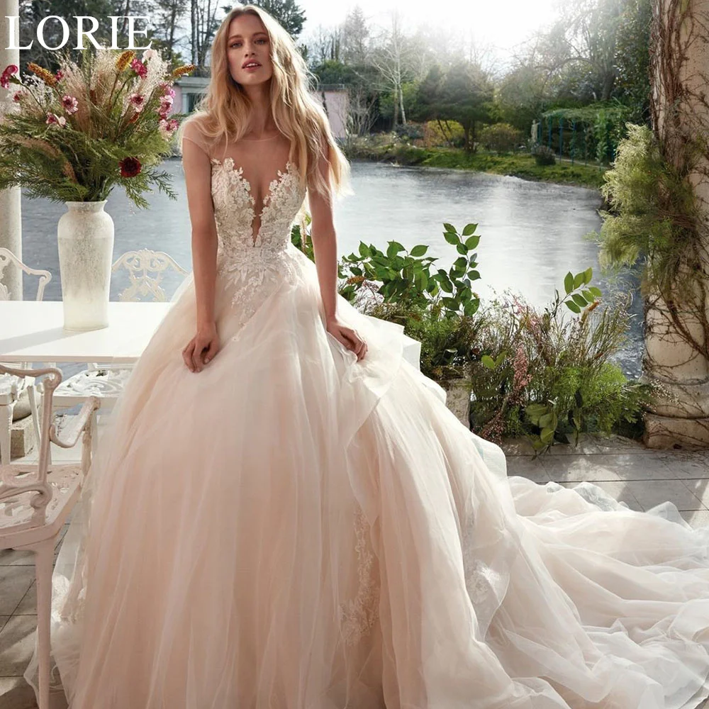 LORIE a-line BOHO Scoop-Neck abiti da sposa Appliques di pizzo Illusion Back 2024 elegante abito da sposa per la sposa Robe De Mariée