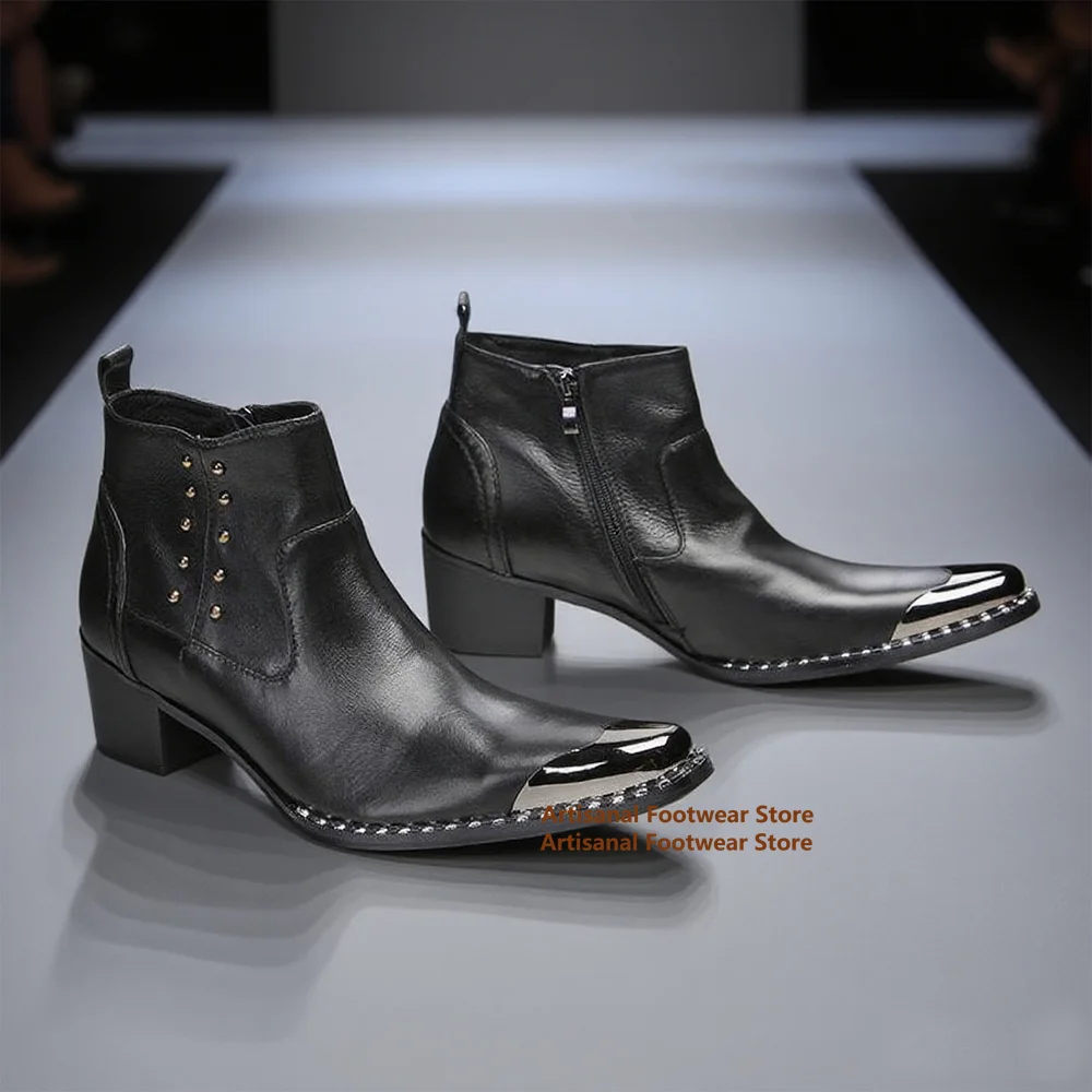 

Metallic Toe Rivets Men's Boots Lace-Up Side Zipper Black/gold Leather High-Top Boots Luxury British Style Handmade Men Shoes