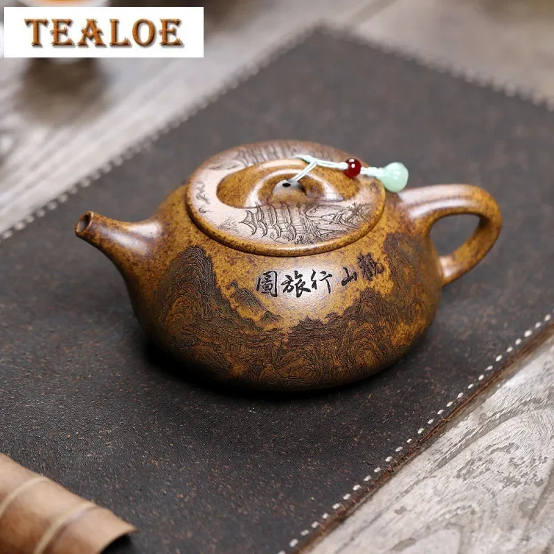 

550ml Yixing Purple Clay Teapots Handmade Stone Scoop Pot Raw Ore The Keel Gold Sand Firewood Tea Soaking Kettle Infuser Zisha
