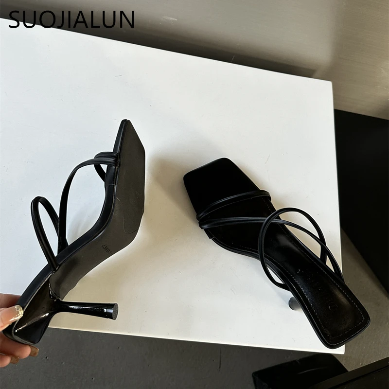 SUOJIALUN 2024 Summer New Brand Women Slipper Fashion Narrow Band Ladies Elegant Sandal Shoes Thin High Heel Dress Slides Pumps