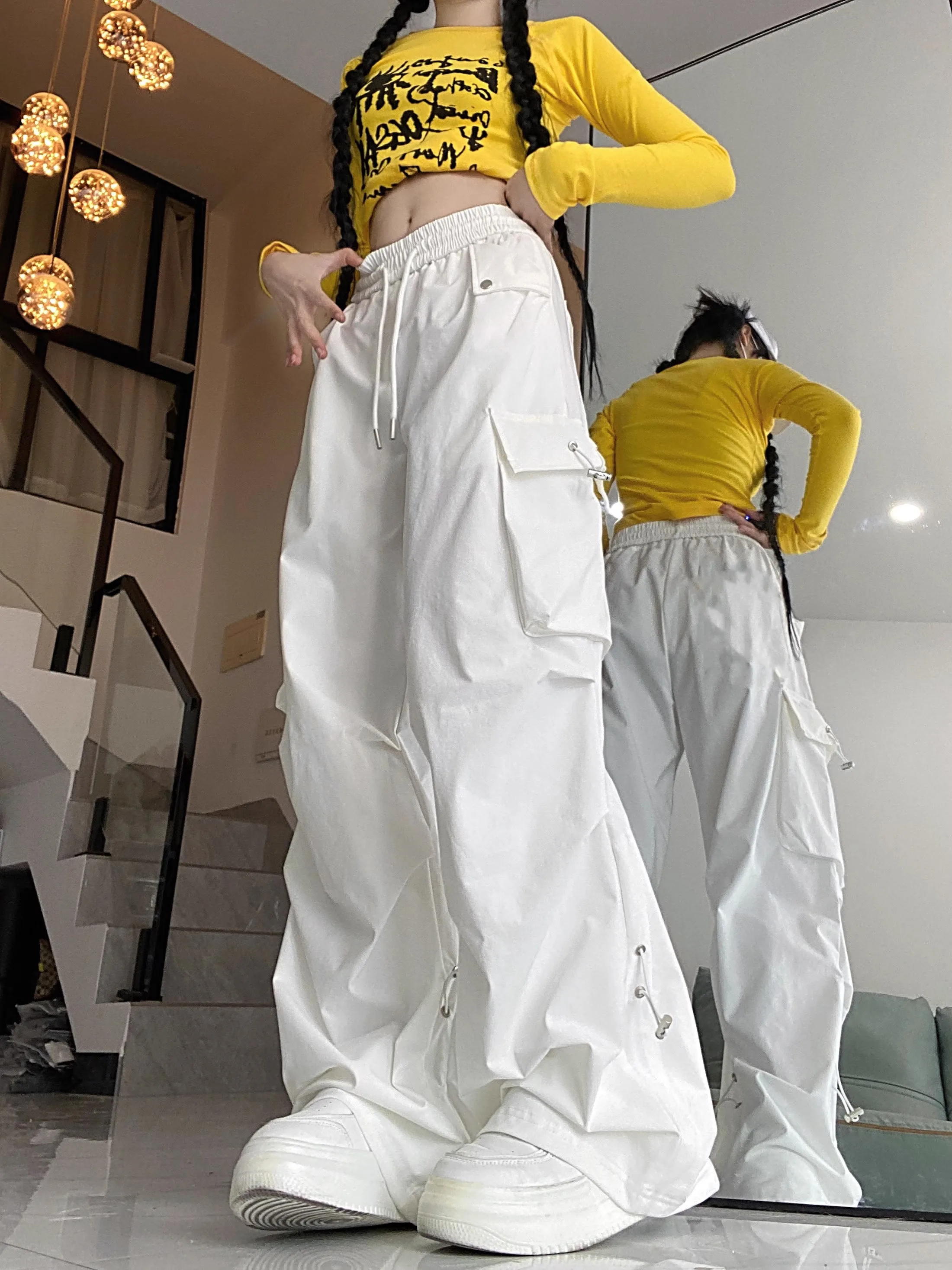 Streetwear pantaloni larghi da donna pantaloni bianchi solidi a vita alta con coulisse 2024 abiti stile Y2K estivo pantaloni da allenamento Fitness