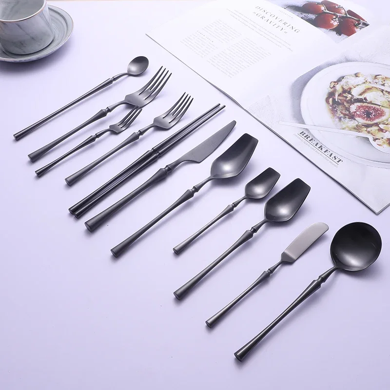 Matte Black 18/10 Stainless Steel Luxury Cutlery Tableware Knife Coffee Ice Spoon Fork Chopsticks Flatware Set Dishwasher Safe