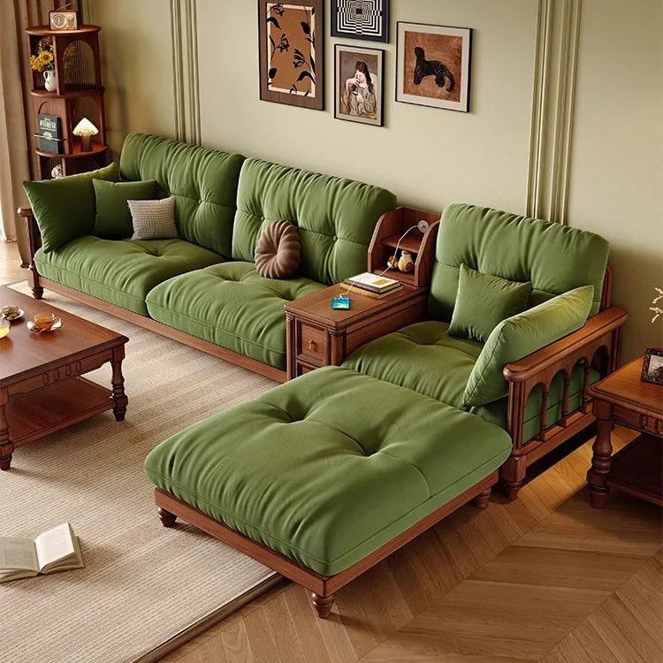 

American retro solid wood fabric sofa living room household mahogany cotton linen small apartment