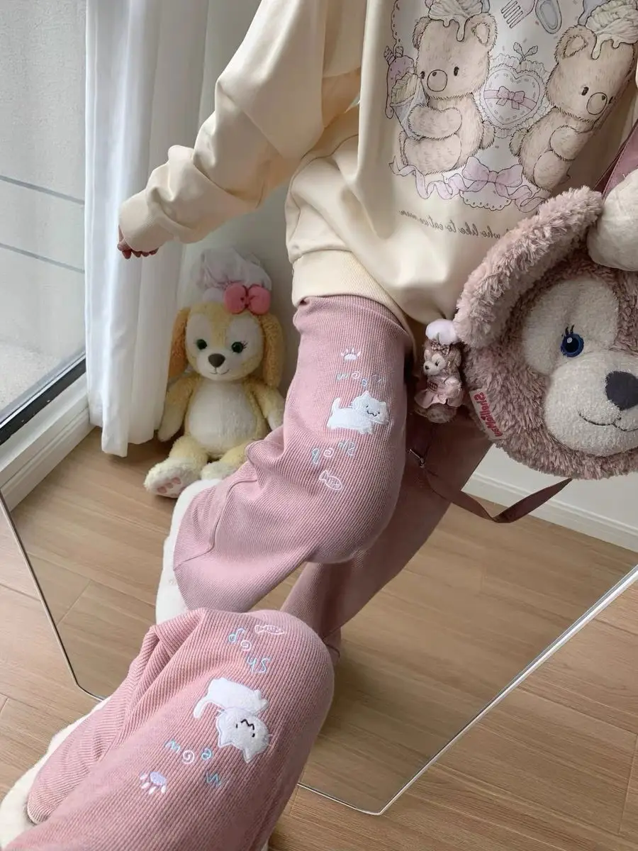 

Japan Pink Two-Dimensional Cute Cat Embroidered Casual Pants For Women Autumn And Winter Student Loose And Drapey Trousers Trend
