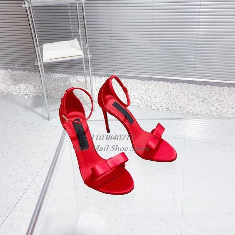 

Butterfly Knot Satin Patent Leather One Strap Sandal Women Concise Round Toe Peep Toe Stiletto Sandal Banquet Elegant Dress Shoe