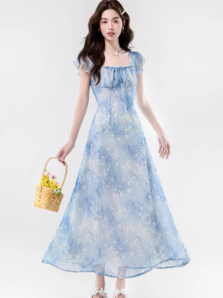 Women Blue Floral Chic Bow Lace Square Collar Long Dress Summer Elegant Beach Style Holiday Dress 2026 Korean Bodycon Prom Dress