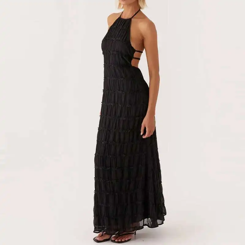 Women's Sexy Halter High Waist Beach Robe Fashion Hollow Backless Party Dresses Summer Seaside Vacation Pleated Long Dress