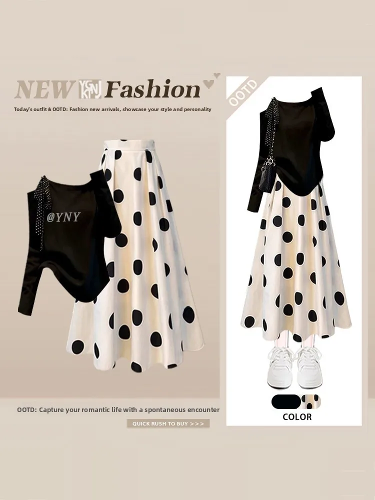 

Elegant High Waist Polka Dot Half Skirt round Neck Long Sleeve Shoulder Bared A-Line Dress for Women Spring Summer Fashion Set