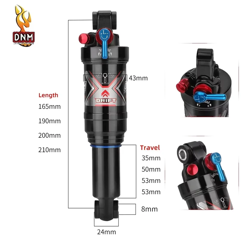 

DNM AO8RC Air MTB Rear Shock | 165-210mm Adjustable Travel | Soft Tail XC/Trail Suspension | High-Pressure Air Spring System