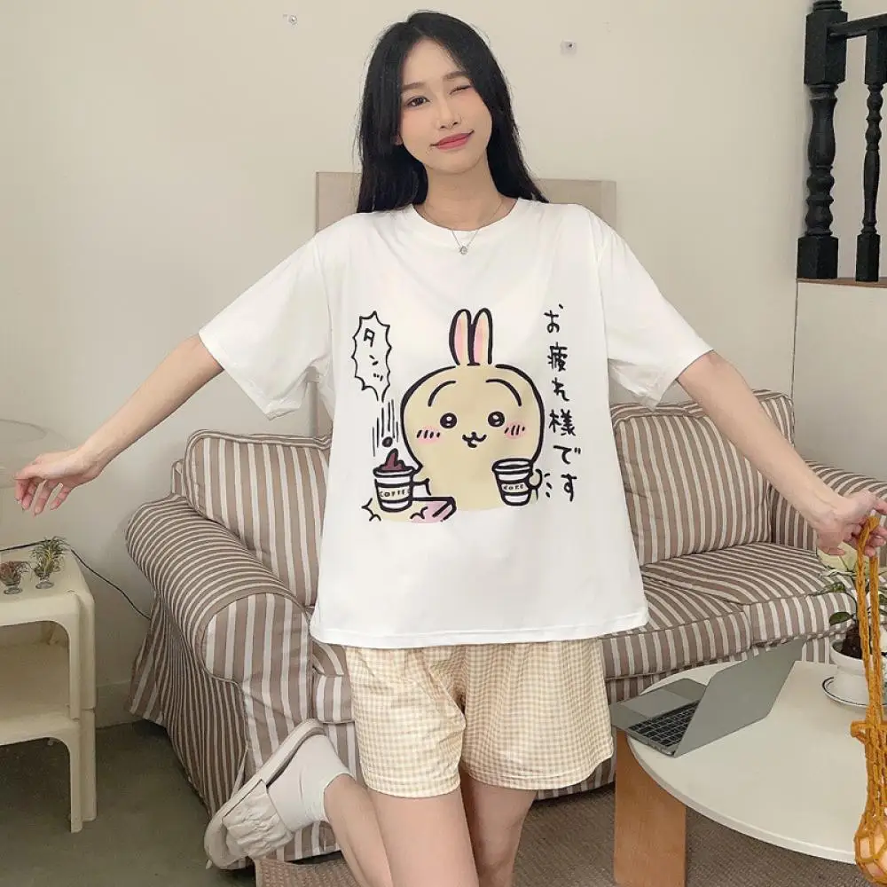 Cute 2Pcs Kawaii Chiikawa Pajamas Suit Women Lounge Clothes Anime Summer Short Sleeves Shorts Sleepwear Girls Student Homewear