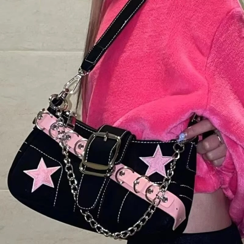 

Y2K Fashionable Spliced Color Contrast Pink Star Denim Underarm Bag Commute Shoulder Bag Soft Square Shape Mobile Phone Pocket