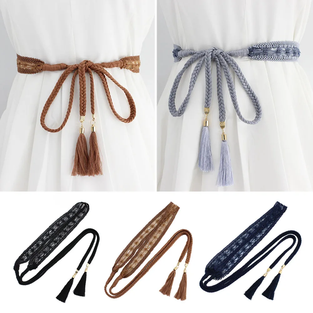 

New Women Waist Belt Rope Chinese Style Braided Woven Tassel Thin Belt Female Knot Decorated Waistband Hot Casual Solid DIY 2024