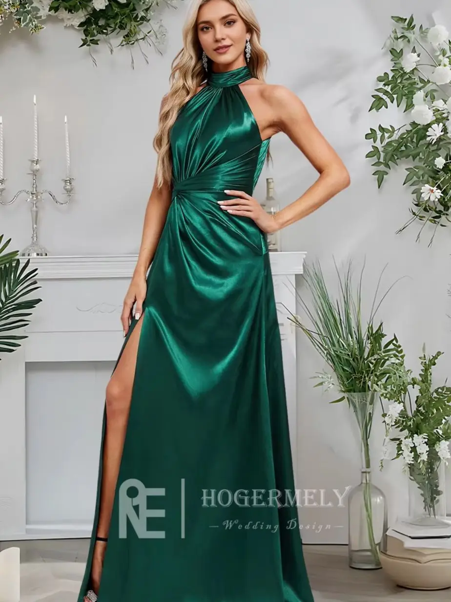 OLA Emerald A-Line Halter Floor-Length Stretch Satin Bridesmaid Dress With Ruffles Sleeveless Wedding Guest Cocktail 2025​
