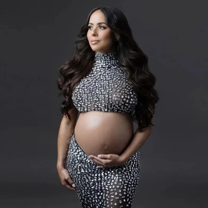 

Maternity Embellished Top and Bottom Rhinestones Skirt Dress For Pregnancy Props Gown Photoshoot Baby Shower Wear