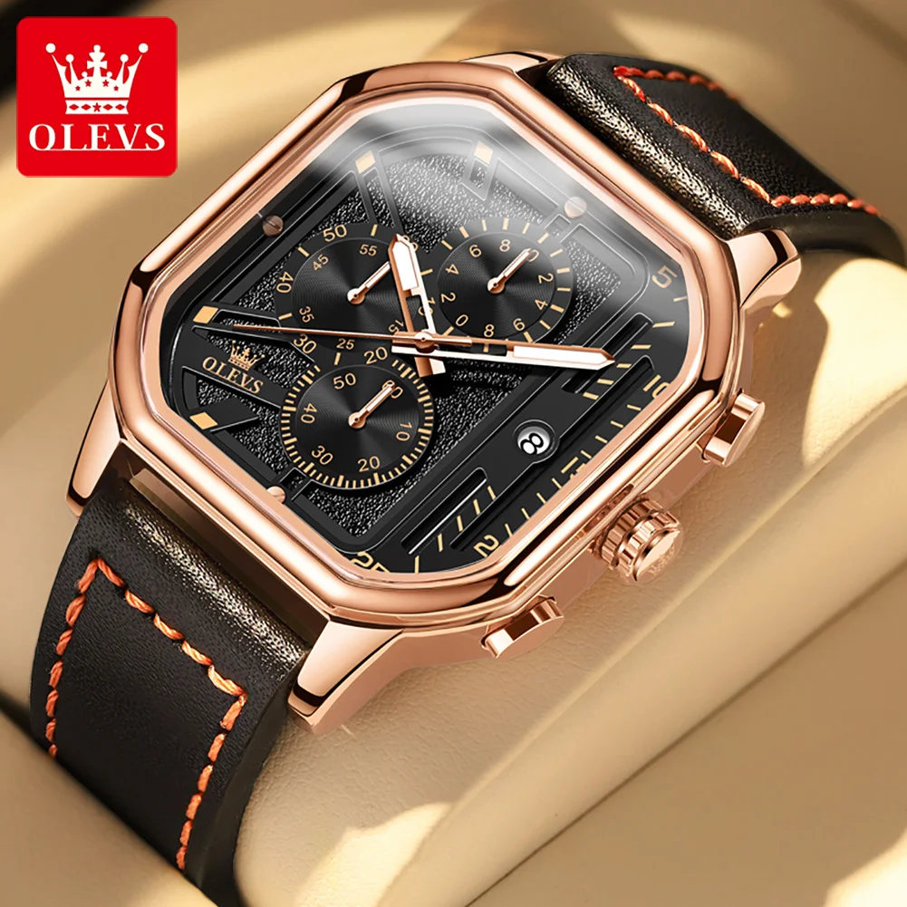 

OLEVS Fashion Square Quartz Watch for Men Leather Strap Waterproof Chronograph Mens Watches Top Brand Luxury Calendar Wristwatch