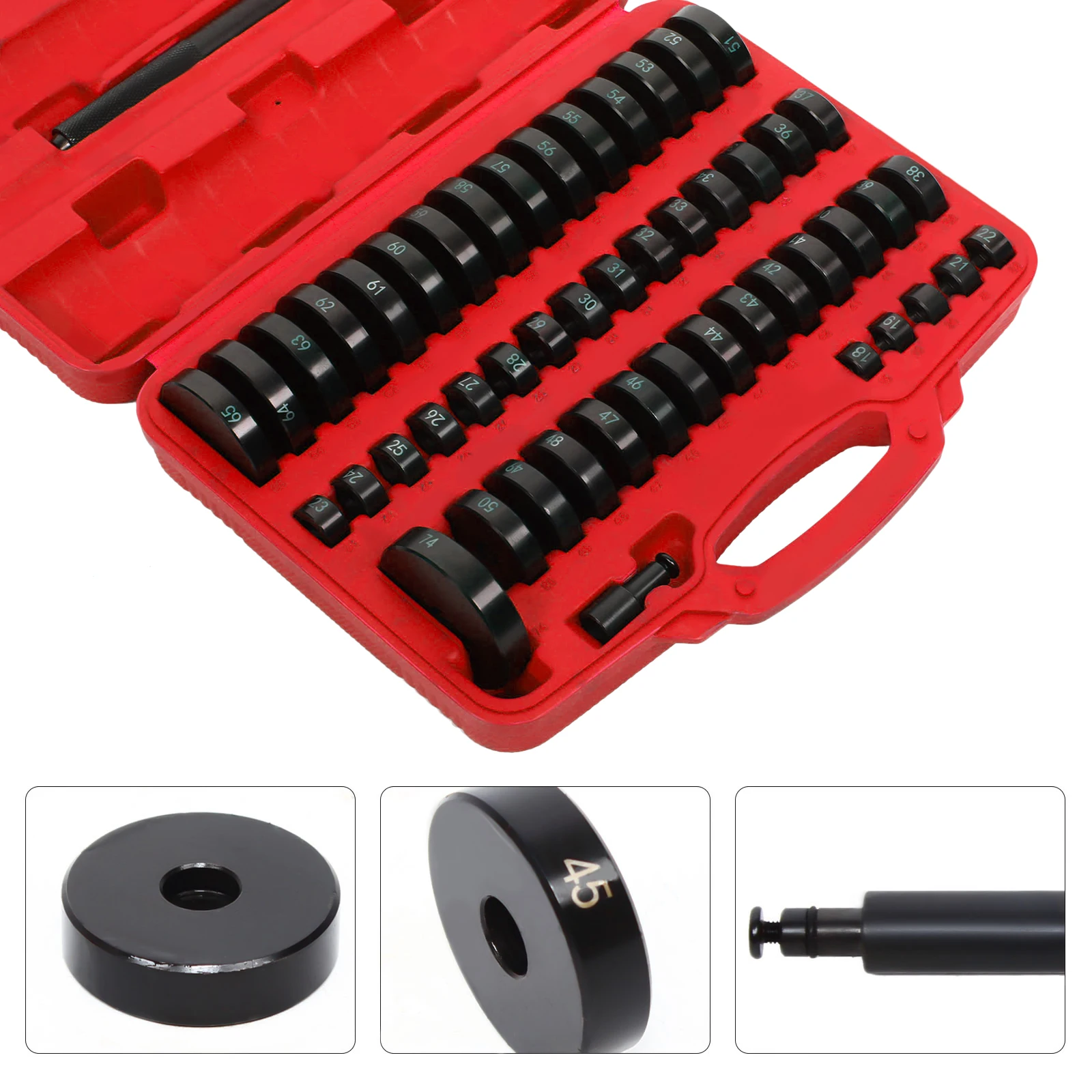 51-teiliges Radlager-Presswerkzeug-Set, 49 Druckplatten 18-65mm für PKW, SUV, LKW, Hochleistungs-Buchsen-Installations- und Entfernungsgerät aus schwarz oxidiertem Kohlenstoffstahl, schlagfreies