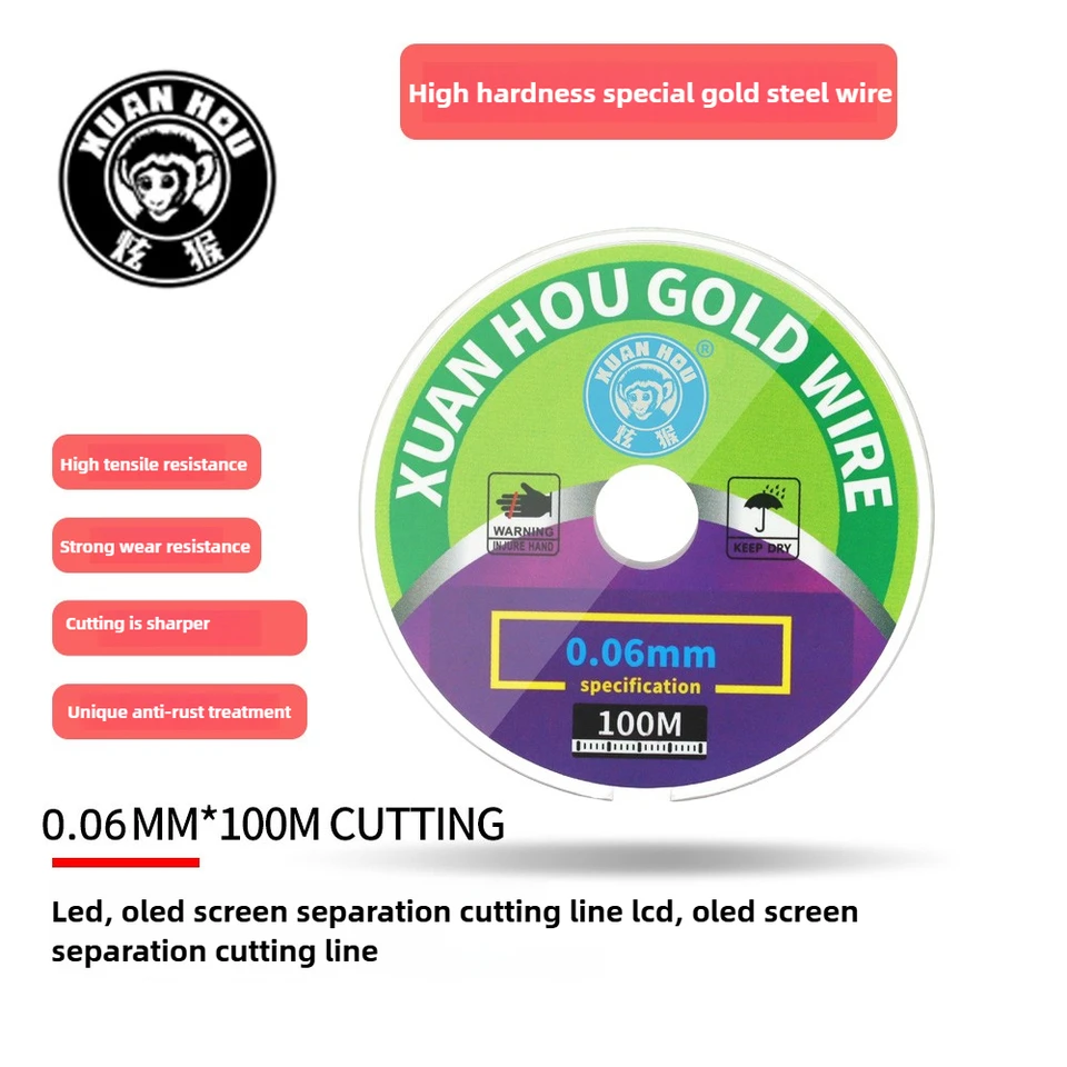 100 m de hilo de corte de vidrio para pantalla LCD de acero dorado de alta dureza de 0.028 mm a 0.1 mm, herramienta de reparación para teléfonos y tabletas 6