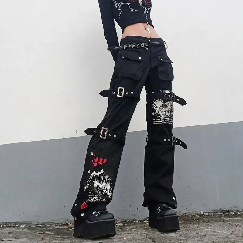 Women's Jeans with Belt Retro Gothic Loose Cargo Baggy Low Waist Wide Leg Denim Pants Female's Trousers High Streetwear Y2k