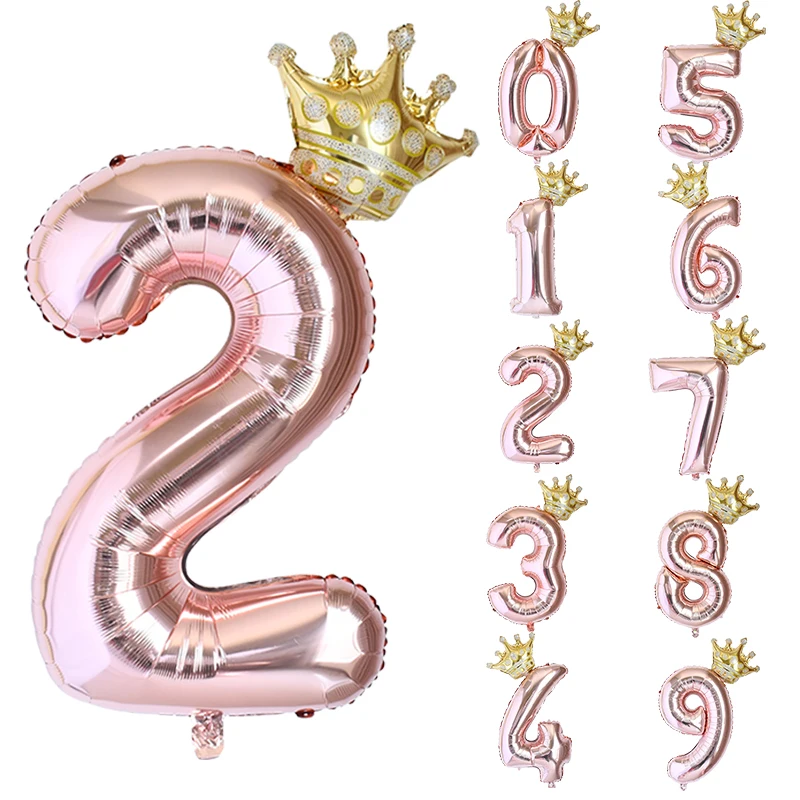 32inch Rose Golden Number Foil Balloon With Crown Happy Birthday Party Decoration Boys Girsl 1 2 3 4 5 6 7 8 9 Year Old Balloon