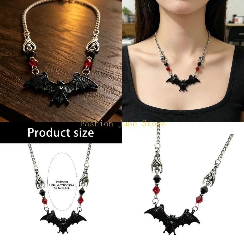 N5KA Unisex Bat Pendant Jewelry Gothic Necklace with Adjustable Chain Lightweight Alloy Build and Bead for Cosplay