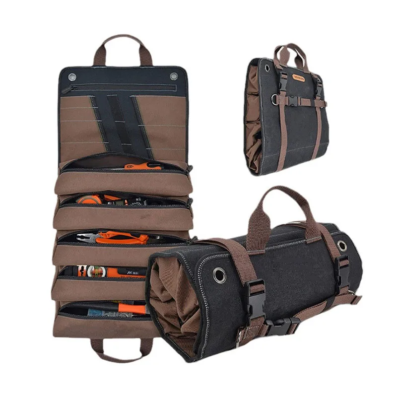 Heavy Duty Canvas Tool Roll Pouches Bag Organizer Hardware Tool Kit Repair Tool Storage Bag For Car Motorcycle Car Camping Gear
