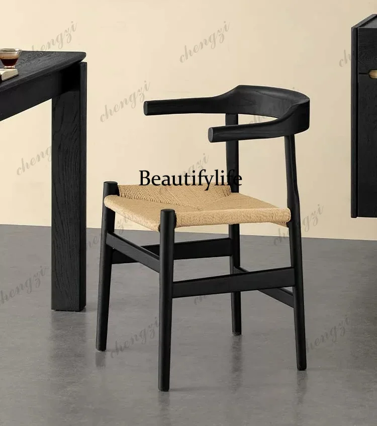Solid wood dining table chairs household black ash wood simple modern rattan book table chairs