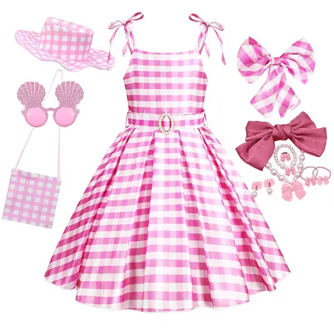 Disney Vintage Pink Plaid Dress Barbi Role Play Frock with Belt Girls Halloween Cute Doll Icon Cosplay Barbei Costume 2-12Yrs