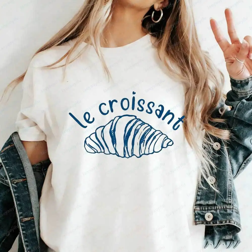 

Women's Minimalist Le Croissant T-Shirt French Blue Line Art Graphic Tee Cotton Tshirt Summer Aesthetic Parisian Food Lover Tops