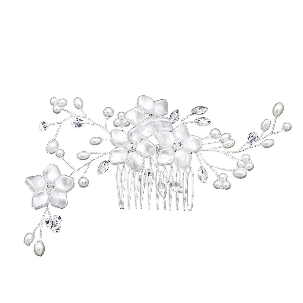 مشط شعر الزفاف من حجر الراين باللون الفضي والزهور واللؤلؤ الاصطناعي وأوراق الكريستال وإكسسوارات شعر الزفاف الأنيقة لوصيفة العروس #6
