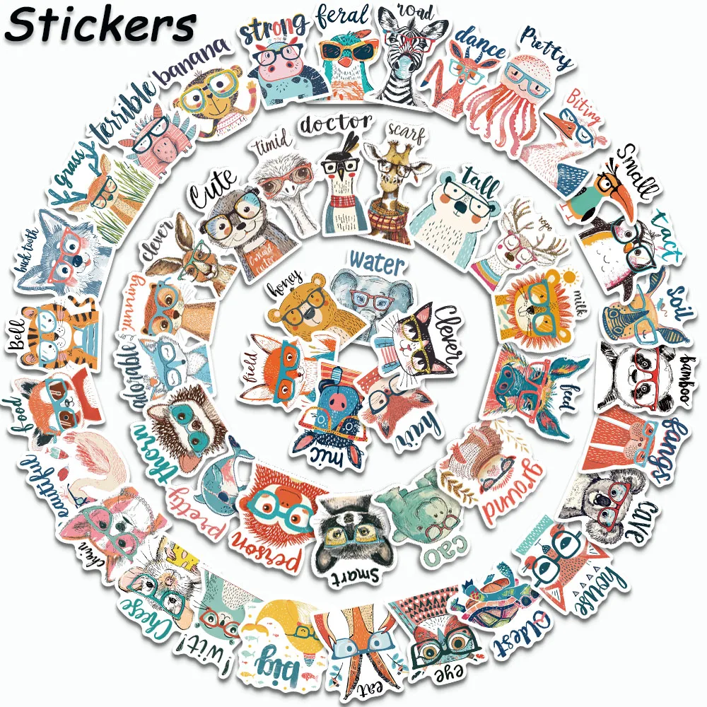 50PCS Exclamation Tone Words Stickers Cartoon Animals Decals For Laptop Luggage Water Cup Notebook Jukebox Graffiti Stickers