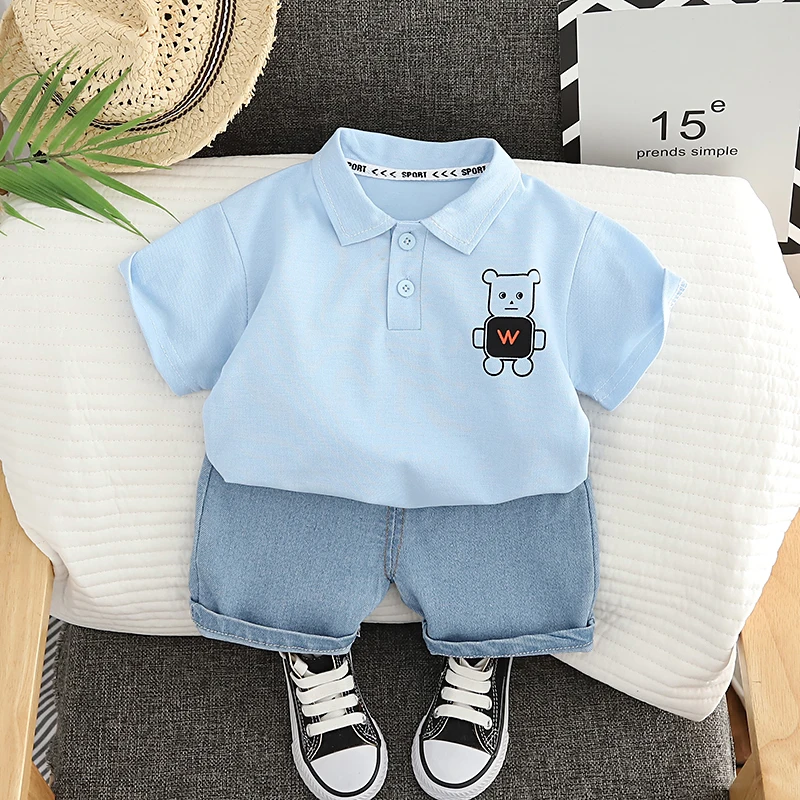 0-5 Year Old Baby Boy Summer Simple Clothes Set Children\'s Fashion Cartoon Robot Polo Shirt + Denim Shorts 2-Piece Suits