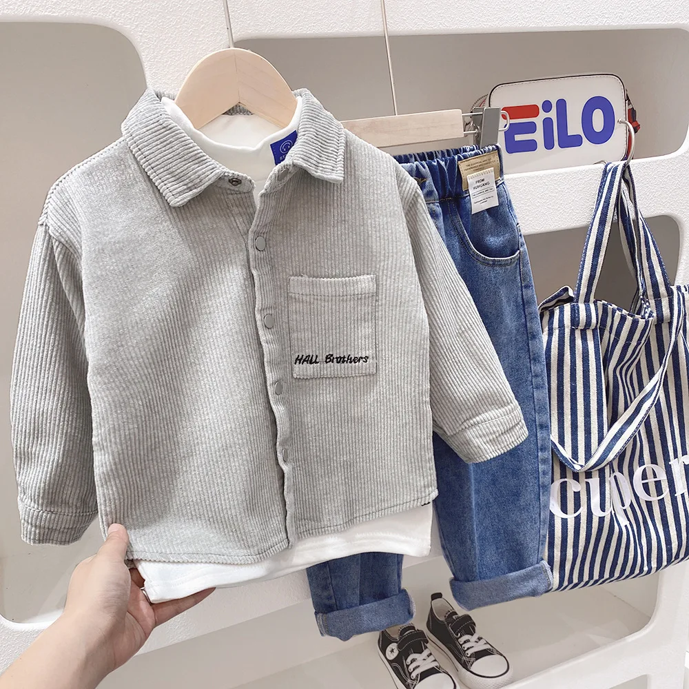 Children Boys Corduroy Outerwear Spring Autumn New Single Breasted Pit Striped Letter Print Kid Boys Jacket Students Boys Coats