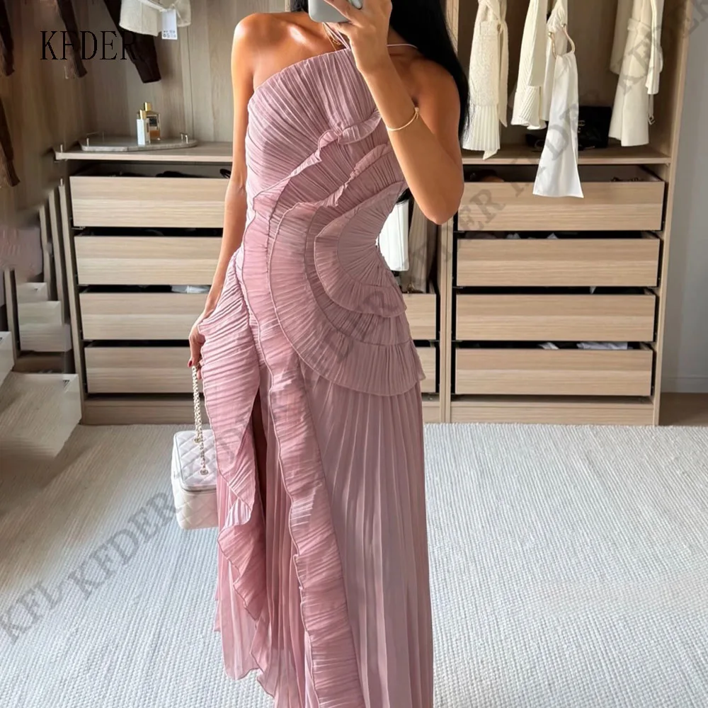 Newest Layers Pink Prom Dresses Strapless Draped Pleats Party Gowns Side Slit Ankle Length Evening Dresses 2027 Customized