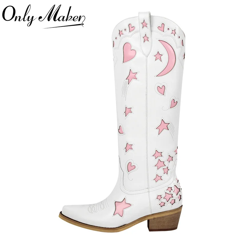 

Onlymaker Women Pointed Toe Knee High Western Cowgirl Boots Comfy White Stars Side Zipper Big Size Cowboy Boots