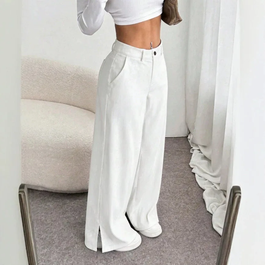 Women Pant Solid Mid Waist Slit Wide Leg Long Pants Y2k Streetwear Elegant Loose Work Casual Straight Trousers Floor Length 2026