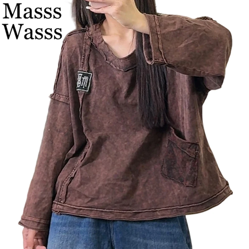 

Masss Wasss 2026, весенние японские модные повседневные футболки с v-образным вырезом, женские свободные винтажные однотонные топы, женские элегантные классические топы