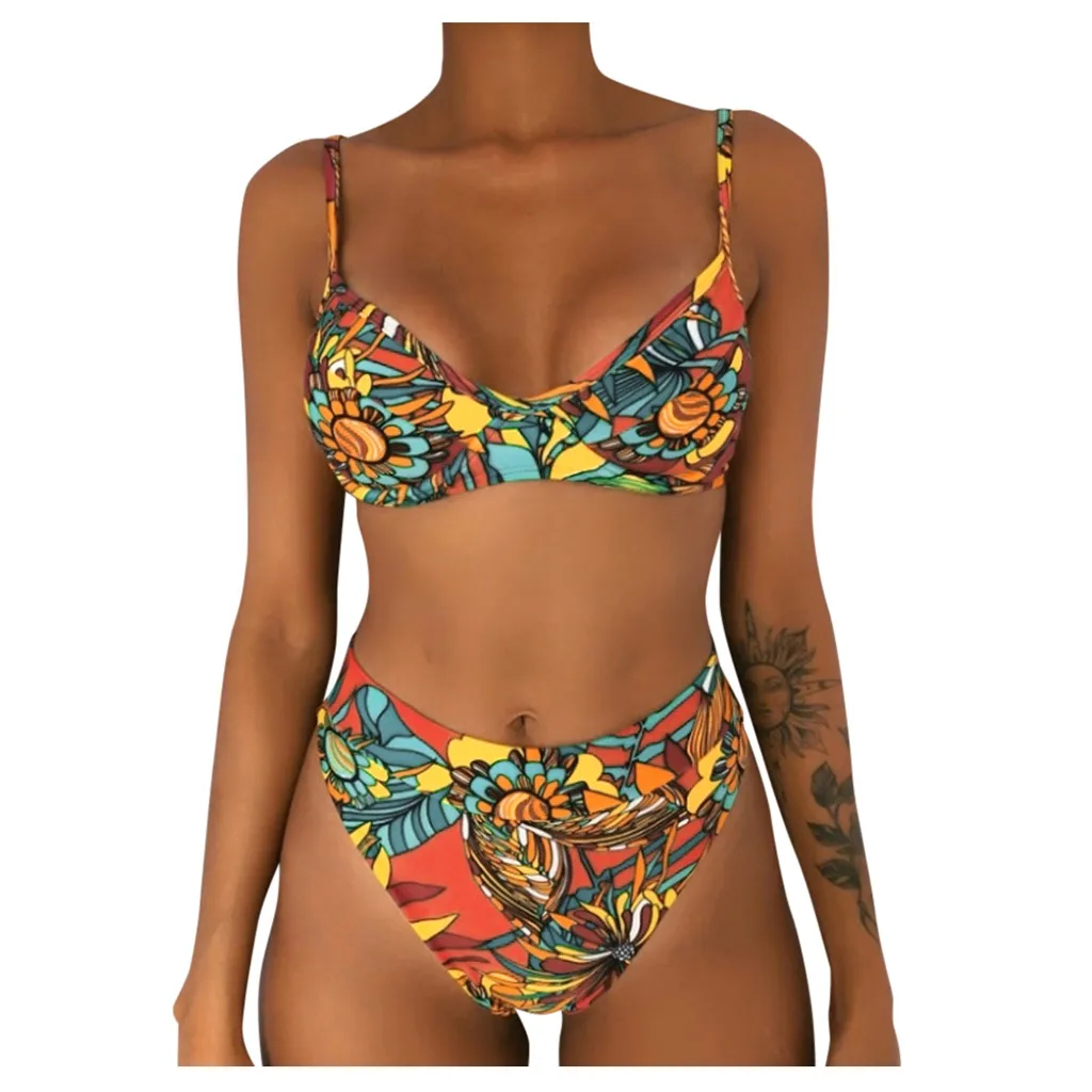 

Женский купальный топ из двух предметов, комплект бикини с оборками и низом с высокой талией, однотонный купальник для бассейна, летняя пляжная одежда для плавания