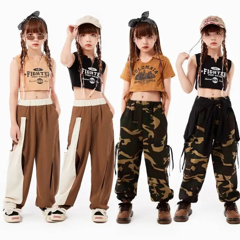 Ropa de calle para niños, ropa de Hip Hop para adolescentes, camisetas sin mangas cortas, pantalones para correr de camuflaje para niñas y niños, trajes de baile de Jazz, ropa